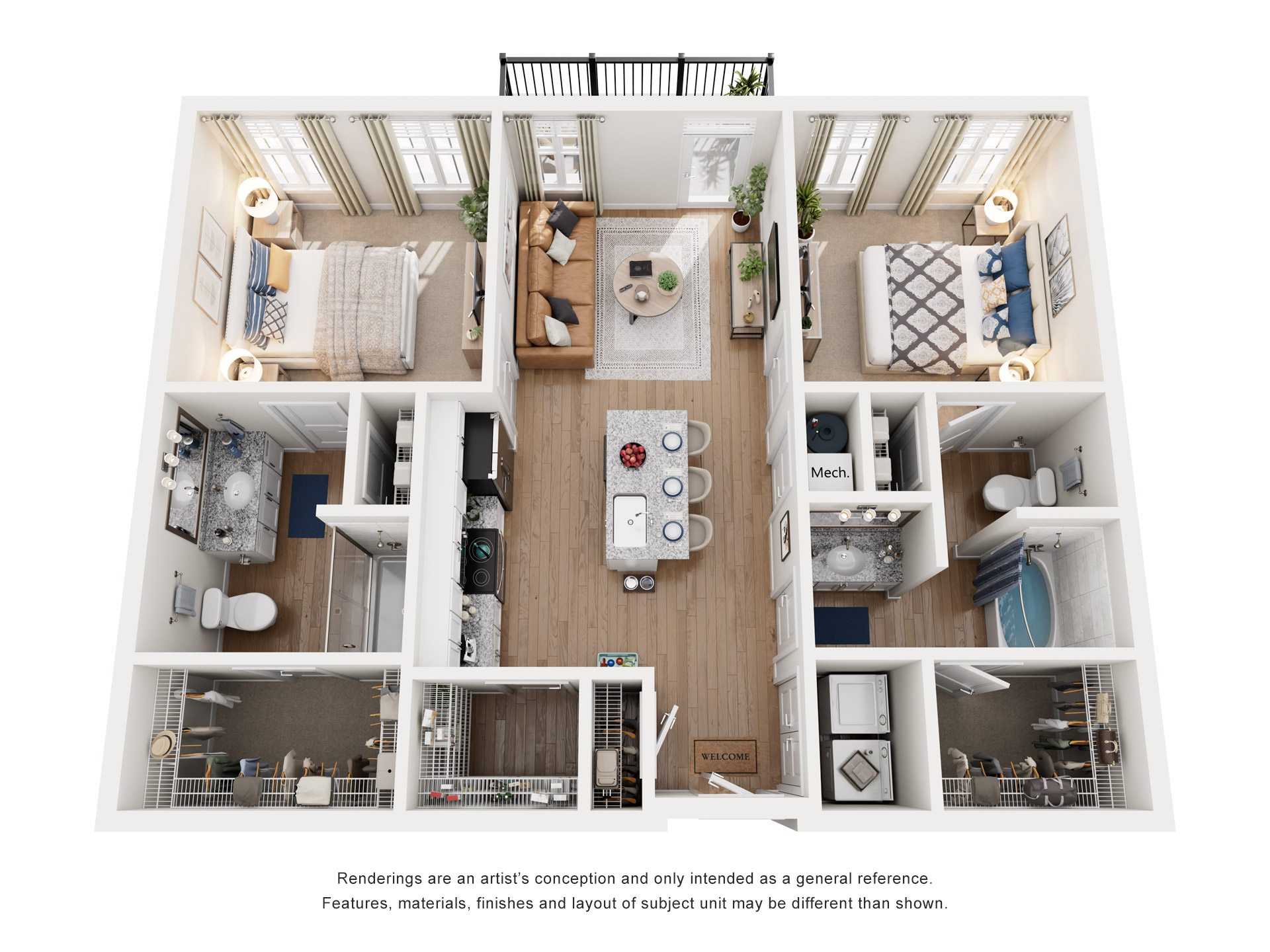 Floor plan for 2 beds, 2 baths, 1090 sqft